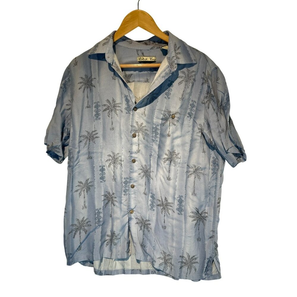 Batik Bay Mens Palm Tree Print Light Blue Rayon Button-Up Shirt L Vacation